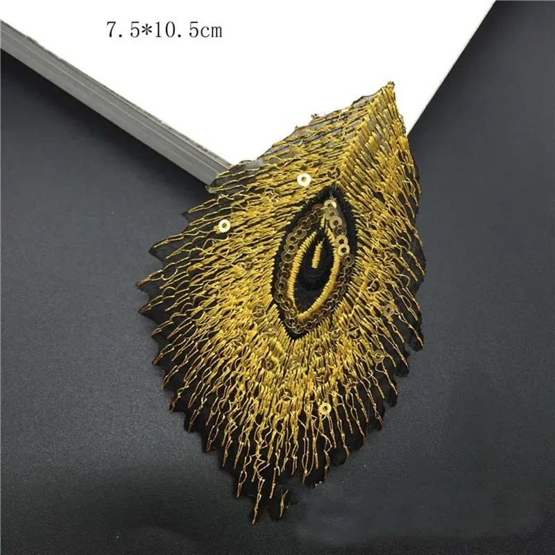 10PC/7.5*10.5CM Peacock Feathers Sequin applique Iron On Stickers Fabric Gold Thread Embroidery Patch Thermocollant For Clothing