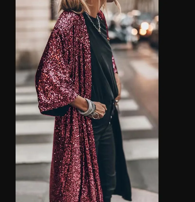 Korean Streetwear Spring 2023 Kimono Women 3/4 Sleeve Sequined Cloak Black Silve/Blue/Green Loose X-Long Cape