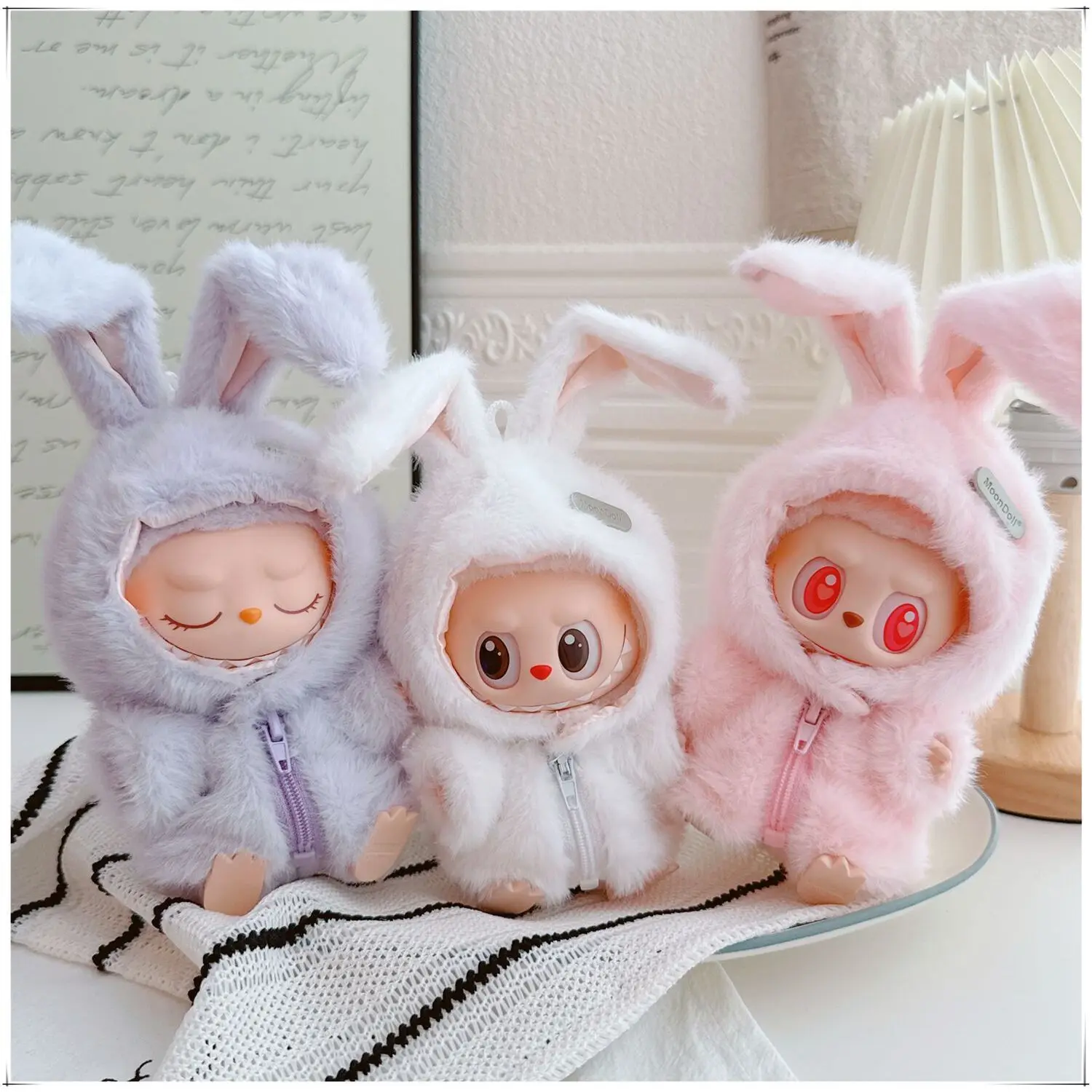 

Winter Bunny Set Doll Clothes for 17cm Labubu Dolls 1st-3rd Gen Floppy Rabbit Ear Hat Plush Jacket for Vinyl Doll Kids Toy