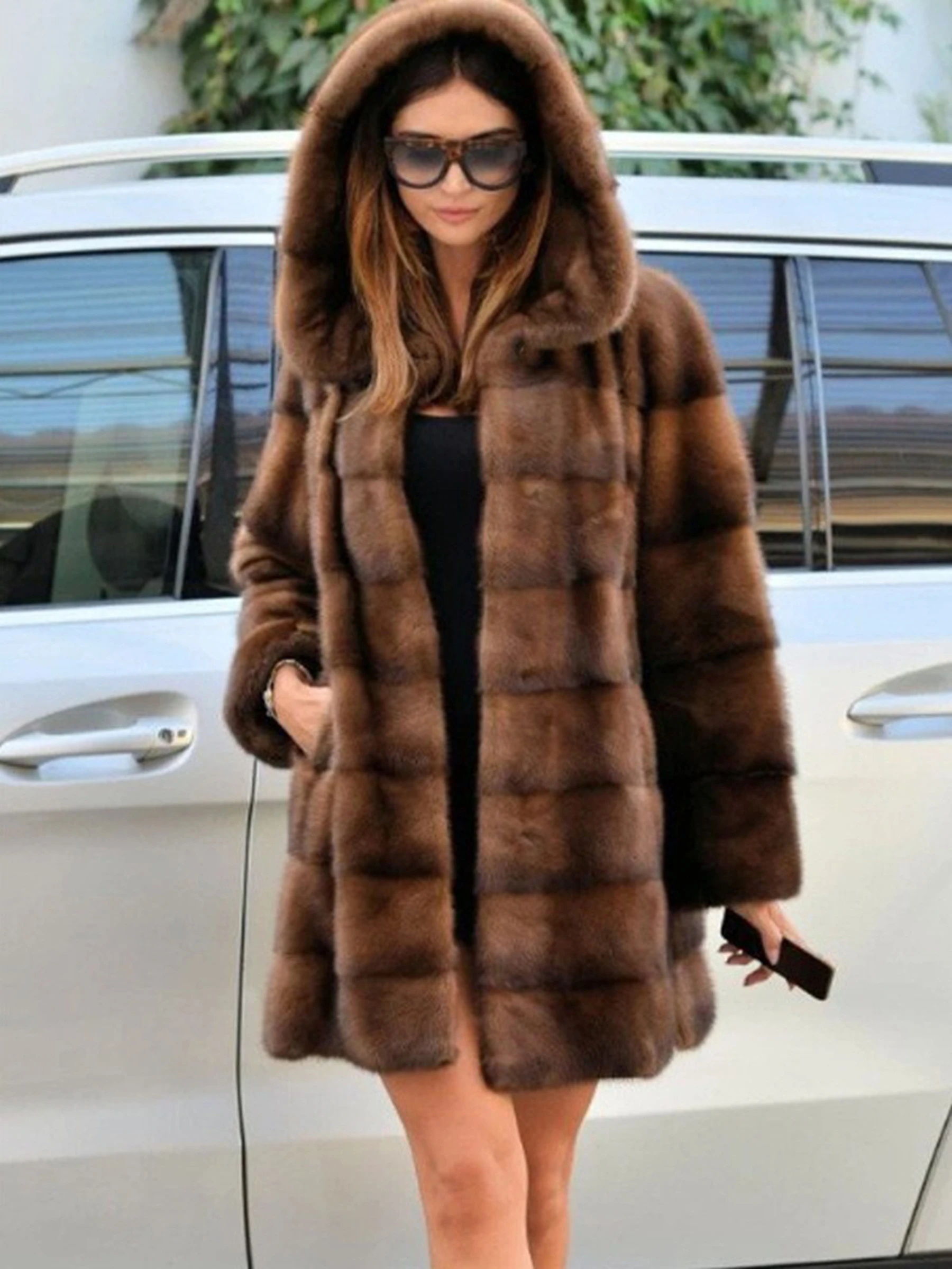 Abrigo de piel sintética de visón para mujer, abrigo con capucha de longitud media, piel de gran tamaño, informal, cálido, suelto para ir al trabajo