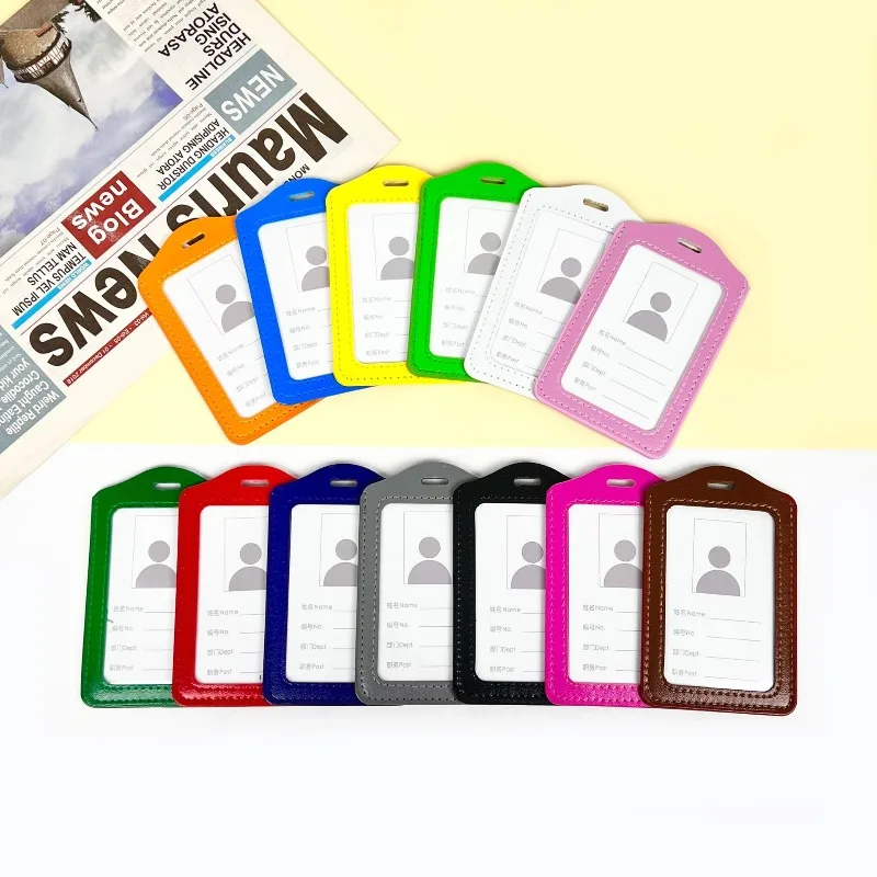 Leather Work ID Card Holder Lanyard Included Cowhide Name Tag Pouch Neutral Minimalist Style Business Card Case