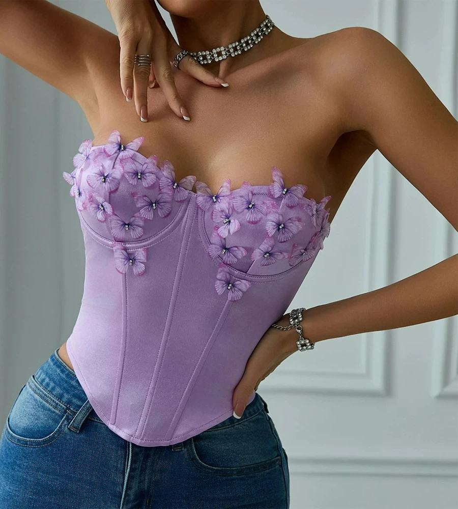 

Топ на бретелях с открытыми плечами и 3D бабочкой в стиле пэчворк, необычный фиолетовый корсет с рыбьей косточкой, жилет без бретелек, фэнтезийные топы-трубы