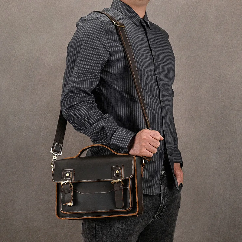 Bolsa mensageiro de couro genuíno vintage para homens, bolsa crossbody casual de couro, bolsa multifunções masculina, pasta da moda