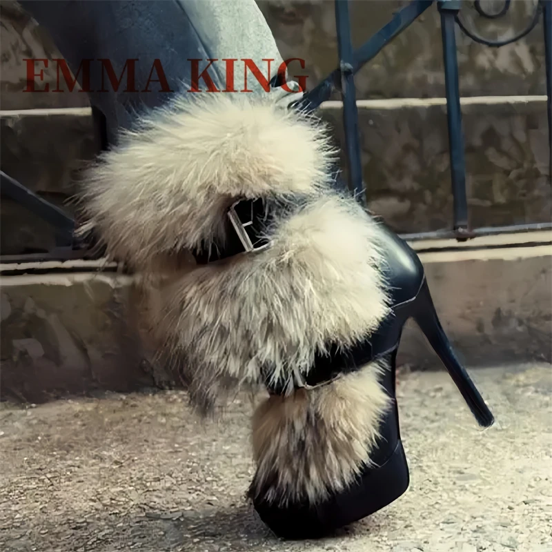 البني فو الفراء حذاء من الجلد رقيقة عالية الكعب أشار تو أفخم فستان دافئ الأحذية حزام سلسلة معدنية ديكور أحذية بوت قصيرة حجم كبير 44 #6