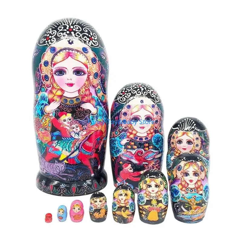 10 Layer Russian Nesting Dolls with Colorful Pattern Lacquered Art Folk Matryoshka Toy for Home Decors Collection C90B