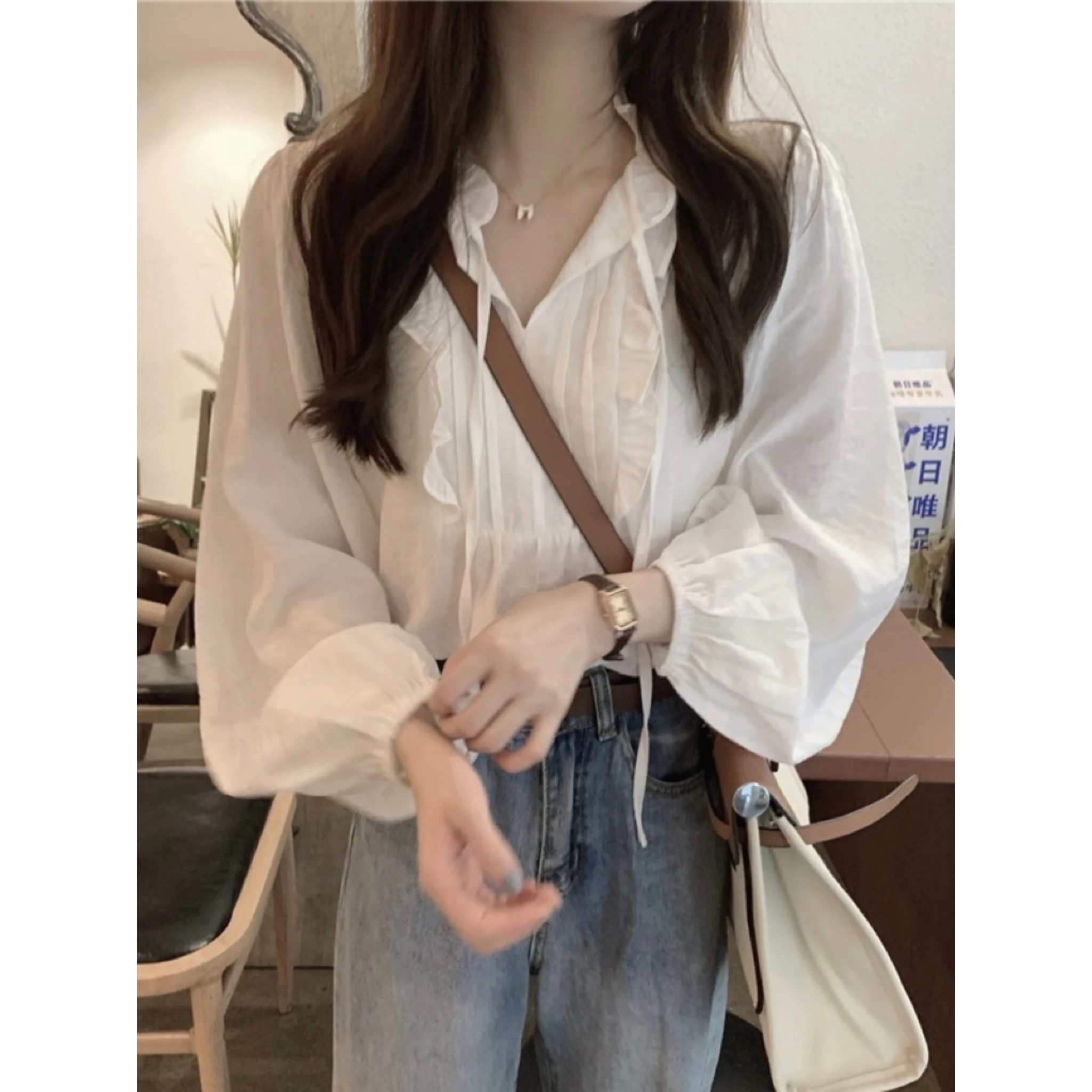 

Loose Long Sleeve V-Neck White Shirt Women's Korean Style Belted Splice Design Sense Wood Grain Loose Shirt Female