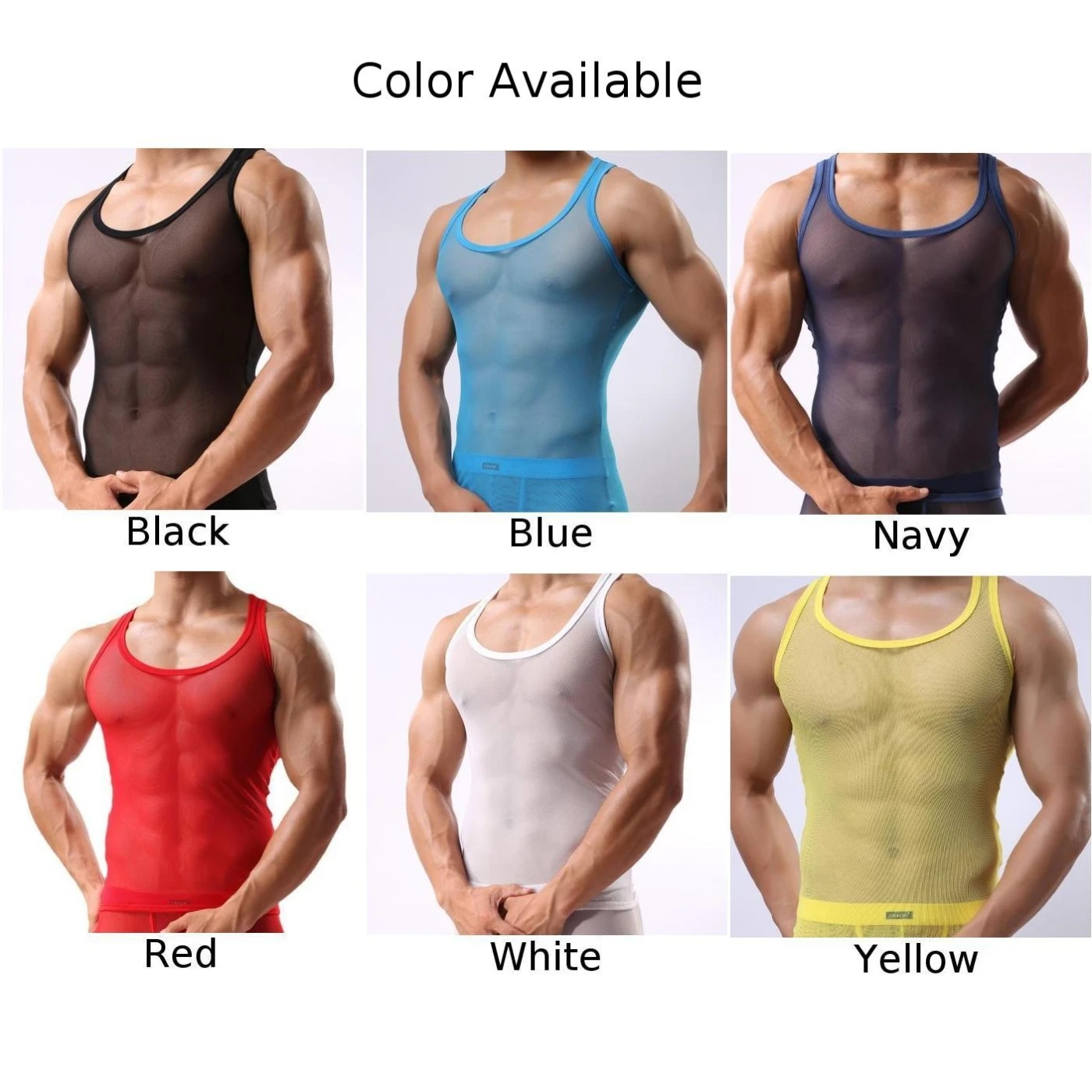 Sexy Men\\\'s Mesh Tank Top T-shirt Transparent Fishing Net Fitness Training Sleeveless O-Neck Underwear Tank Top Men\\\'s Clothing