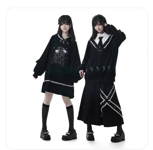 Imagen 2 del producto Highstreet dulce fresco Casual vestido con capucha estampado de dibujos animados bordado encaje volantes Patchwork manga larga vestido negro suelto mujeres