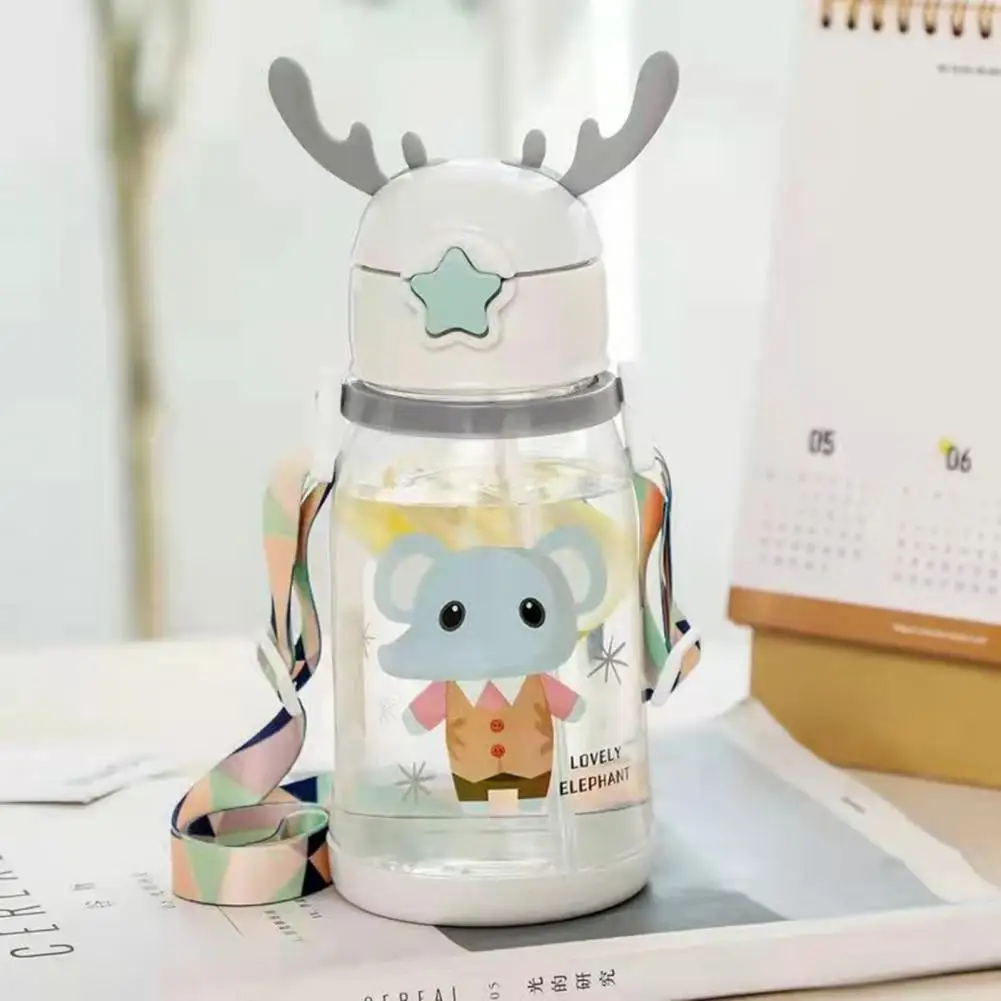 600ml PC Sport Water Bottle Antlers Decor Portable Clear Kids Straw Bottle Student Water Cup For Outdoor Camping Drinking Tools