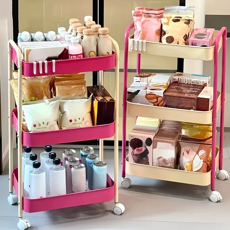 3-stufiger rollender Aufbewahrungswagen, mobiles Dopaminfarbenes Regal mit Rollen für die Organisation und Aufbewahrung in Küche und Badezimmer