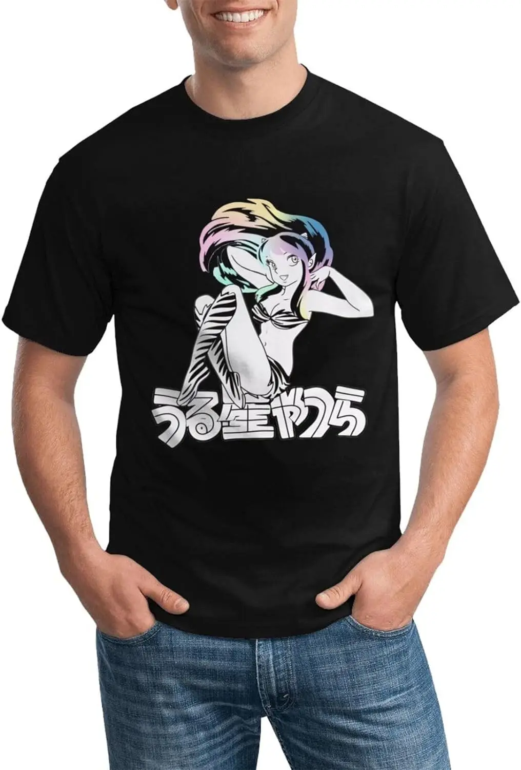 Urusei Anime Yatsura Shirt Men's Breathable Graphic Custom Short Sleeve Tshirt Fashion Crew Neck Tees Tops Black