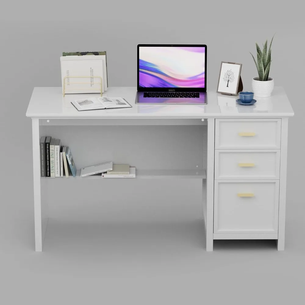 

47 inch White Wood Home Office Desk with 3 Drawers and Storage Shelf, Modern Computer Writing Desk with Polished Gold Handle for