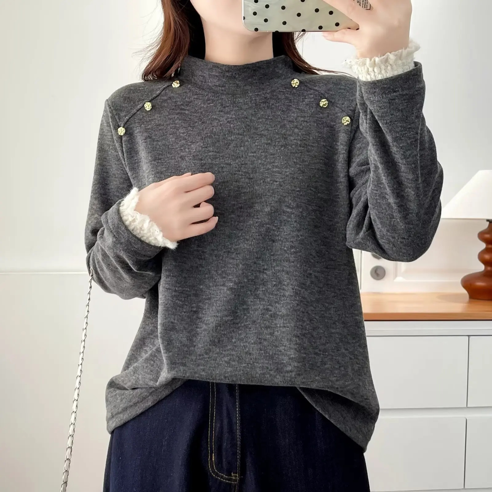 

XXXXL Fashion Plus Size Woman Clothing T-Shirt 2025 Winter New Style Warm Fleece Stand Collar Lace Cuffs Long Sleeve Top 2525