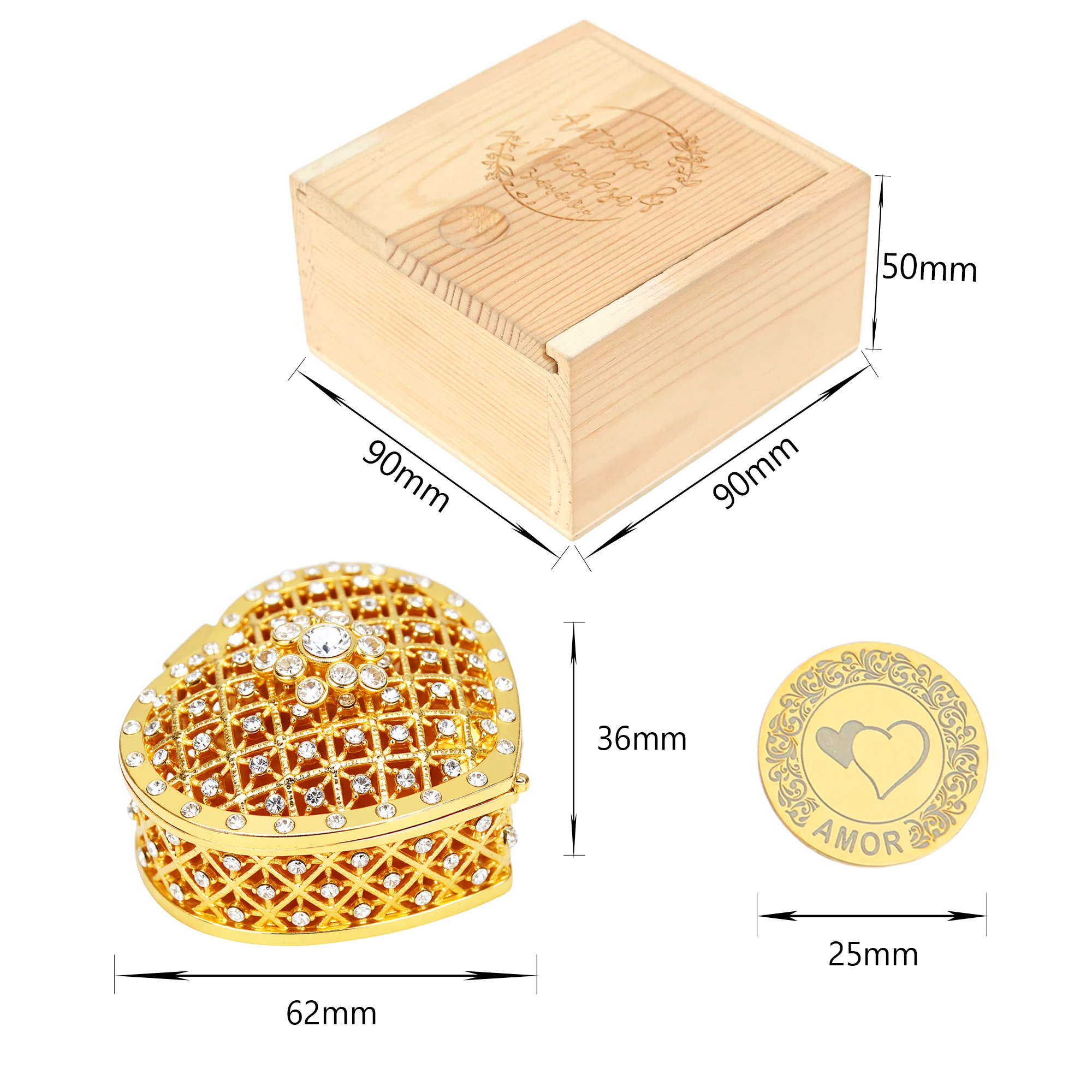Personalized 13 pcs Spanish Arras Para Boda Catolica - 13pc Wedding Unity Coins with Diamond Heart Shaped Box