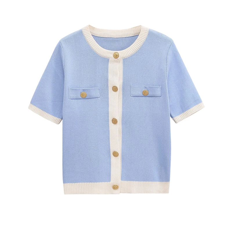 

2025 Women Short Sleeve Knit Cardigan Front Button O Neck Casual Autumn Knitwear Tops