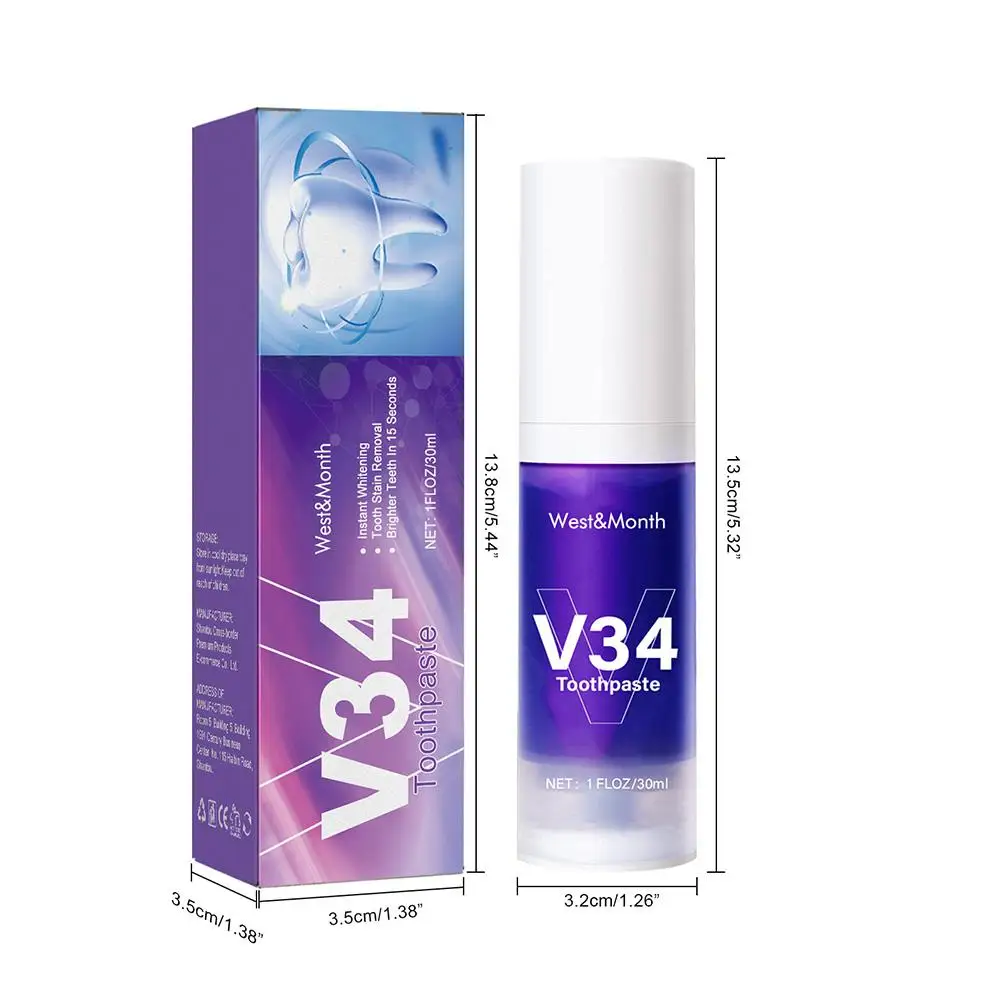 Mousse de limpieza dental V34, pasta de dientes blanqueadora efectiva, eliminación de manchas de dientes amarillas, cuidado bucal, 30ml