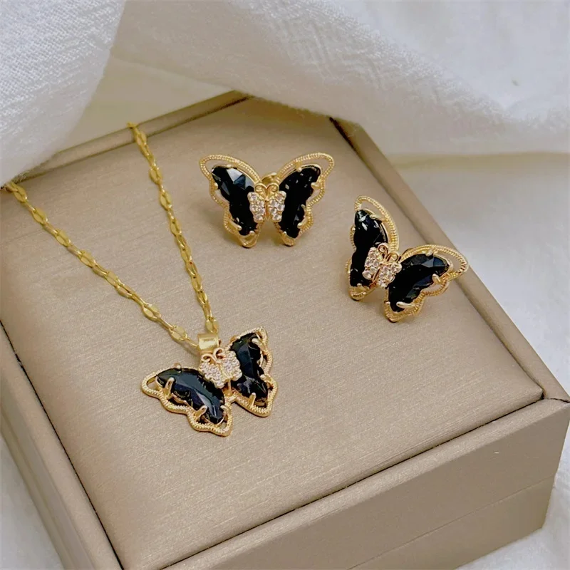 2 PCS Butterfly Jewelry Set Exquisite Green Crystal Stone Butterfly Pendant Necklace Stud Earrings Black Yellow Purple Jewelry