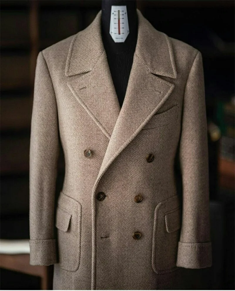 Khaki Woolen Fischgräten Mantel Männer Anzüge Zweireiher Smoking Erreichte Revers Blazer Winter Langen Mantel Design Jacke Anpassen