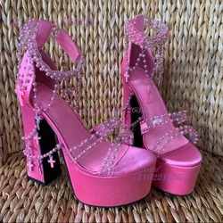 Fuchsia Hot Chick Fringe Sandals Open Platform Women Pump Crystal Beads Weave Girl Pink Party Sexy Tassel-Tie Buckle Summer Shoe