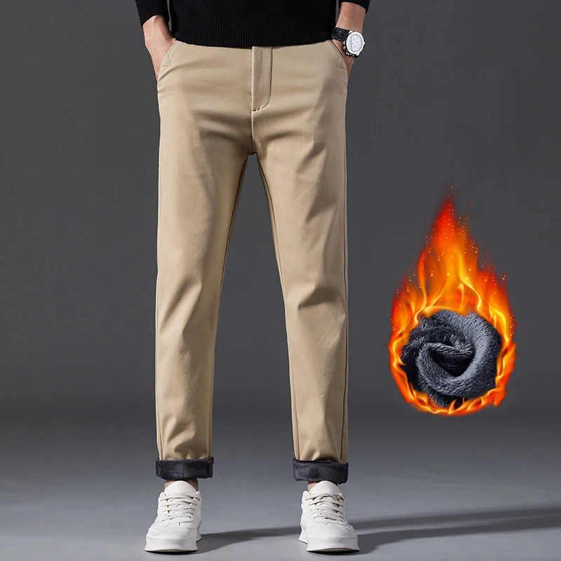 

2023 Winter Warm Thick Fleece Casual Pants Men Cotton Straight-leg Loose Micro-Elasticity Business Long Trousers