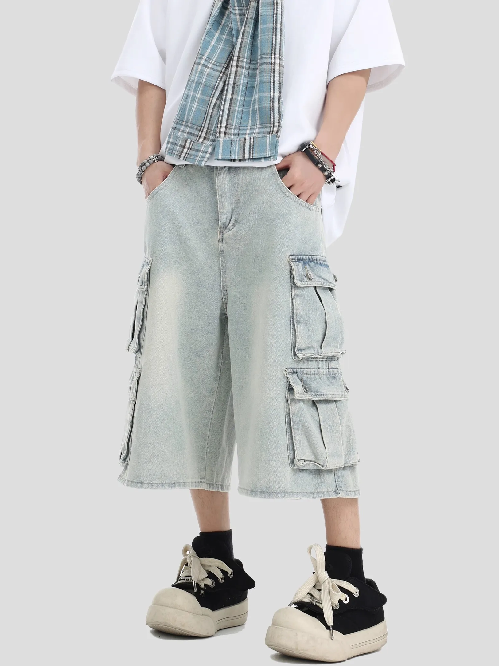 

RUTO STUDIO American Sle Свободный крой Джинсовые орты с несколькими кетами для мужчин Летняя повседневная рабочая одежда