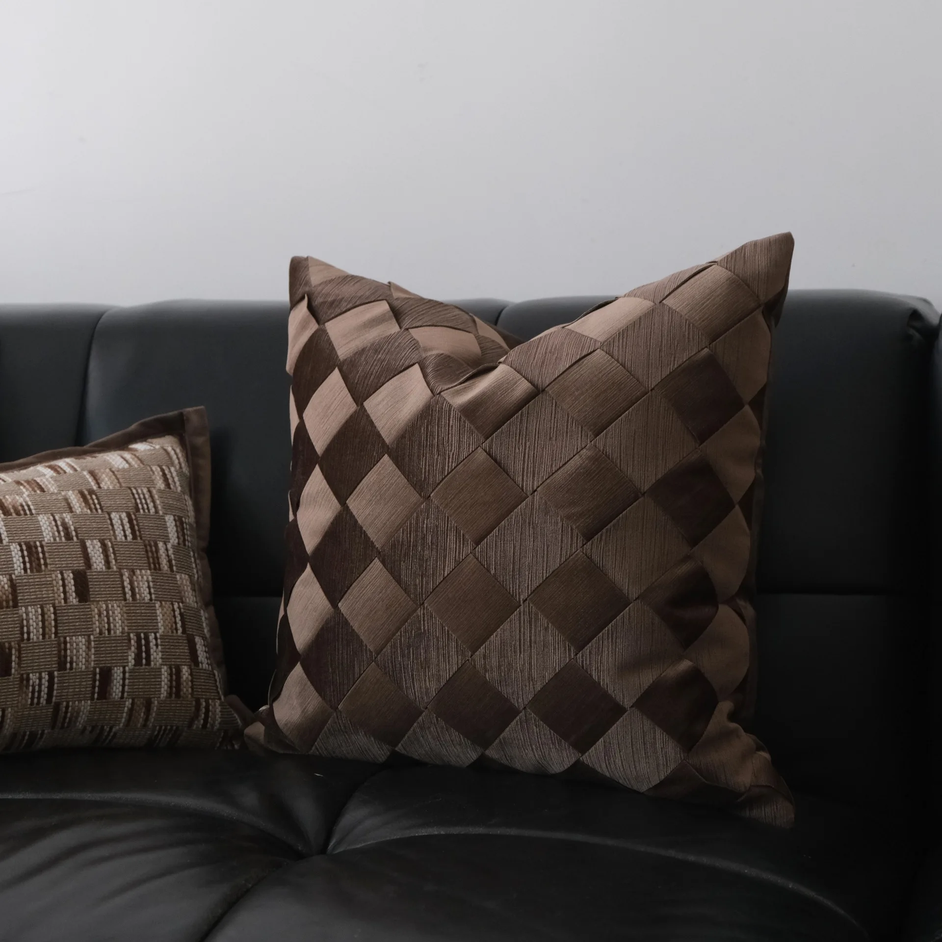 

High End Brown Grey Texture Woven Cushion Cover Italian Maillard Plaid Jacquard Decorative Pillow Covers for Sofa Home Decor