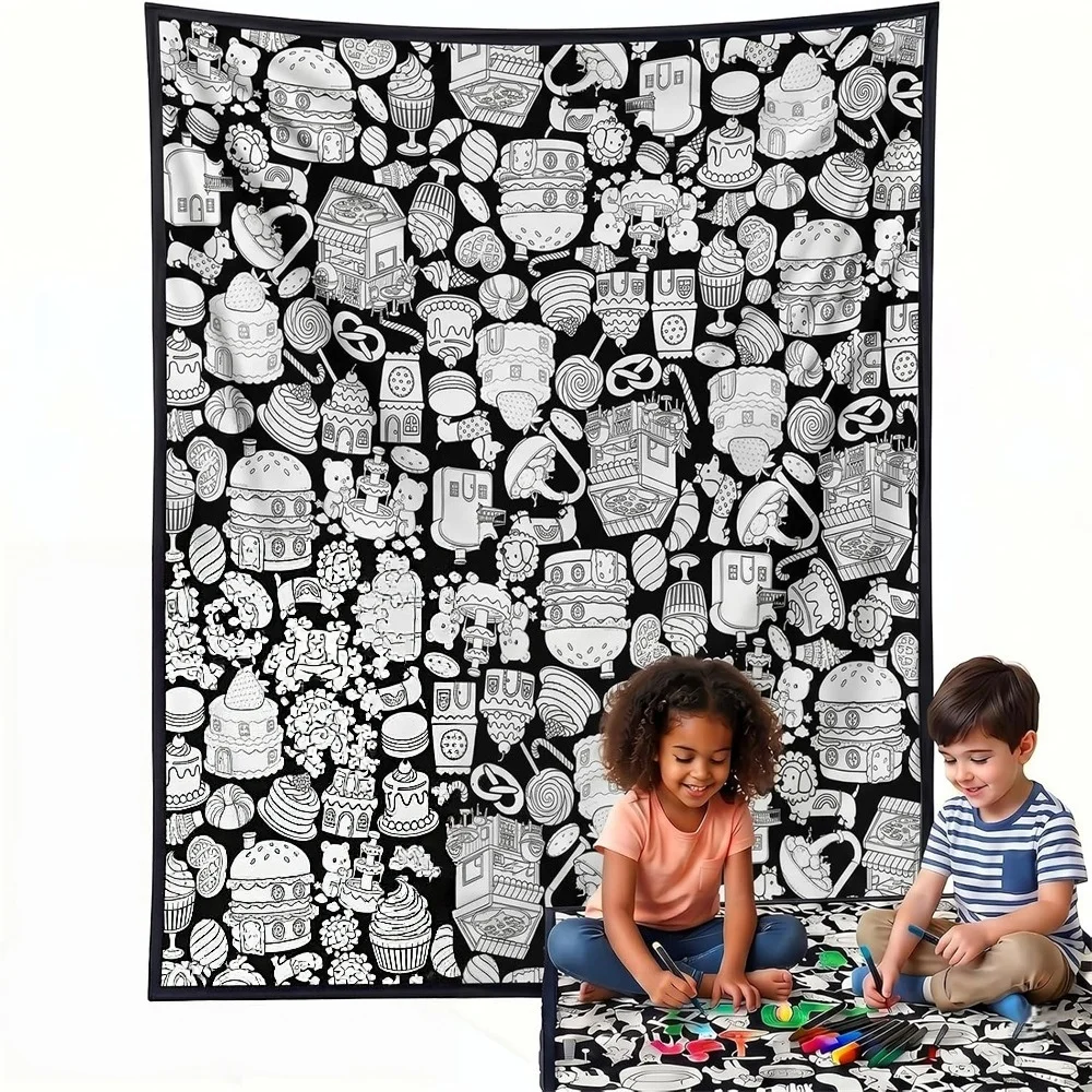 DIY Graffiti Blanket Outline Drawing Sweet Food Doodle Art Print Warm Kids Coloring Throw Blanket