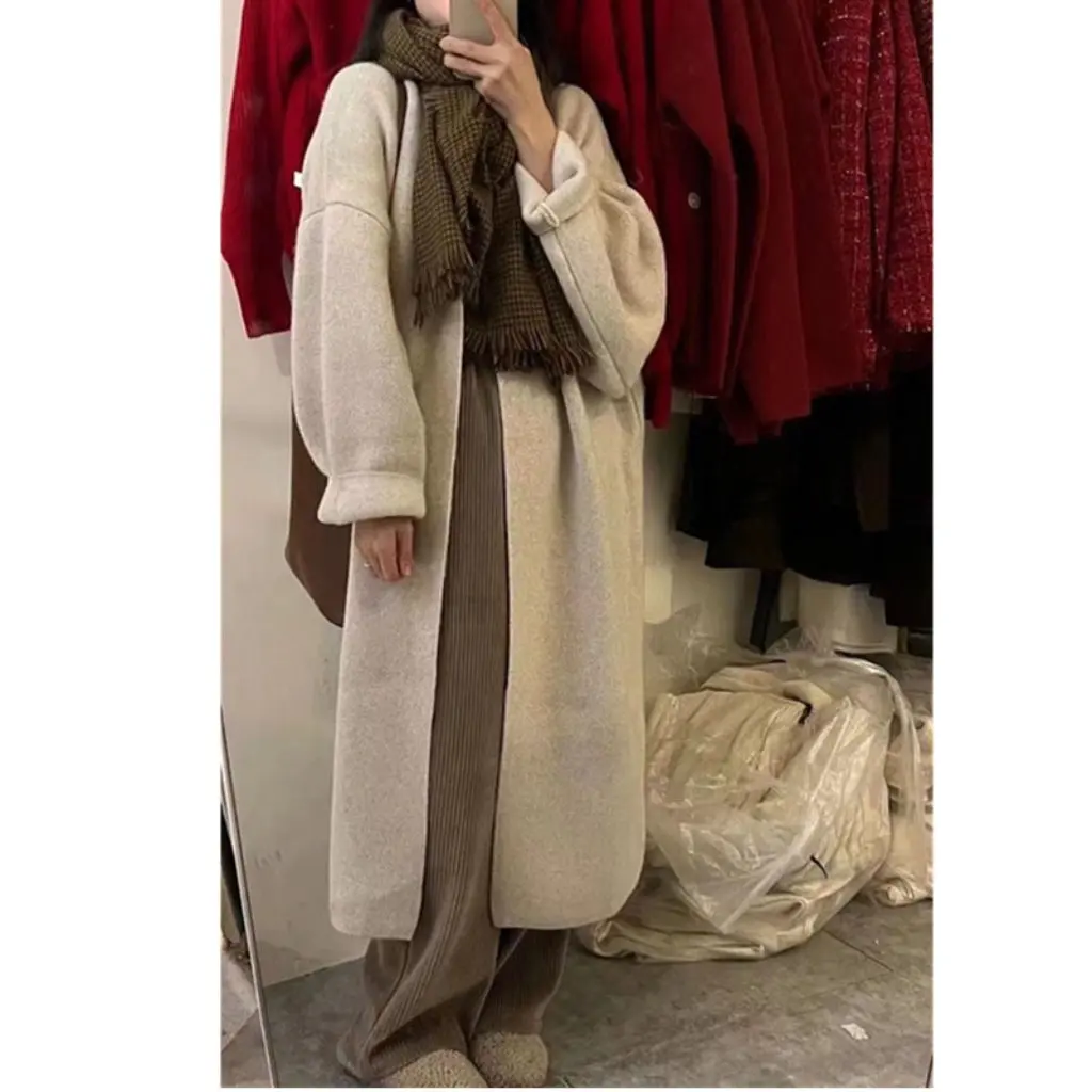 

Женский элегантный утолщенный вязаный кардиган в европейском стиле, простой свитер средней длины без пряжек, осенне-зимний пальто