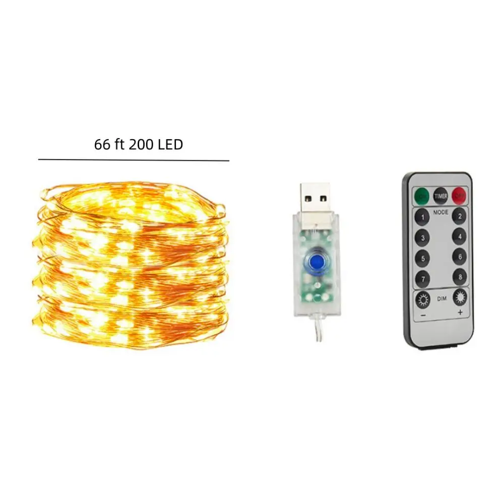 2 Pack 200 LED 66ft Fairy Lights with Remote Control & Timer 8 Modes Silver Wire USB Plug in String Lights Warm White