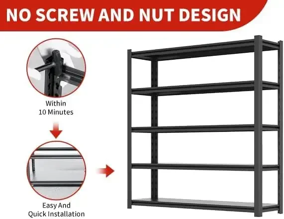 78" H Garage Shelving 3000LBS Heavy Duty Storage Shelves Adjustable 5 Tier Metal Shelves, Warehouse 18" D*47.5" W*78" H,Black