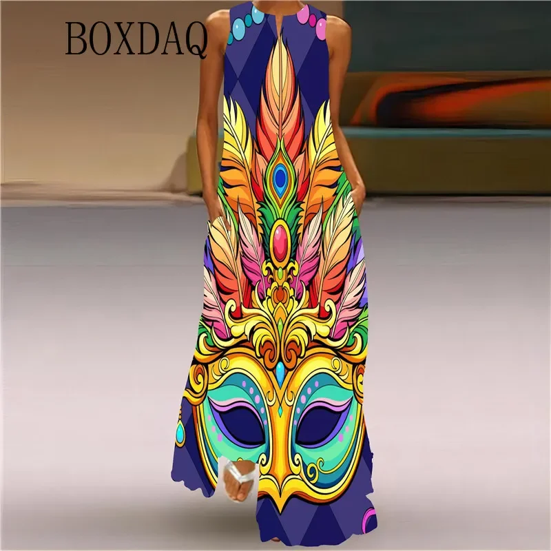 Mardi Gras Y'All Carnival Party Women Dress 2025 Sexy Sleeveless V-neck Print Long Dress Casual Evening Maxi Dresses Summer Robe — zdjęcie 5