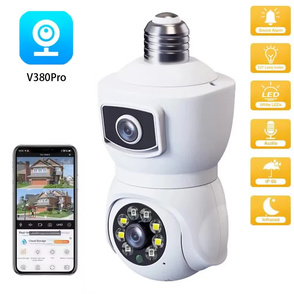 

E27 Bulb WiFi Camera Dual Lens Dual Screen IP Camera Auto Tracking Two Way Audio Night Vision Outdoor Security Camcorder
