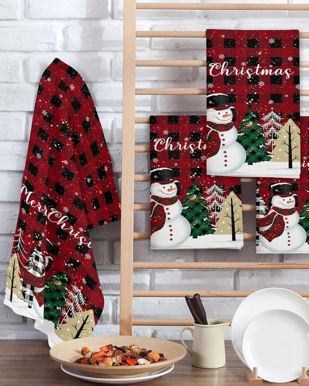 

Рождественский снеговик, красный, черный клетчатый кухонный посудонь, чайные полотенца, чистящие средства, быстросохнущие набор полотенец для рук, рождественские украшения