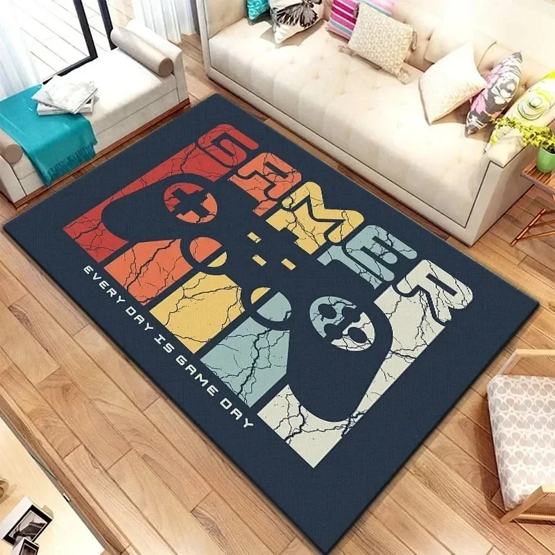 Gaming Esports Rug Black Controller & Pixel Design | Non-Slip Floor Mat for Kids Playroom Bedroom Gaming Room Home Decoration