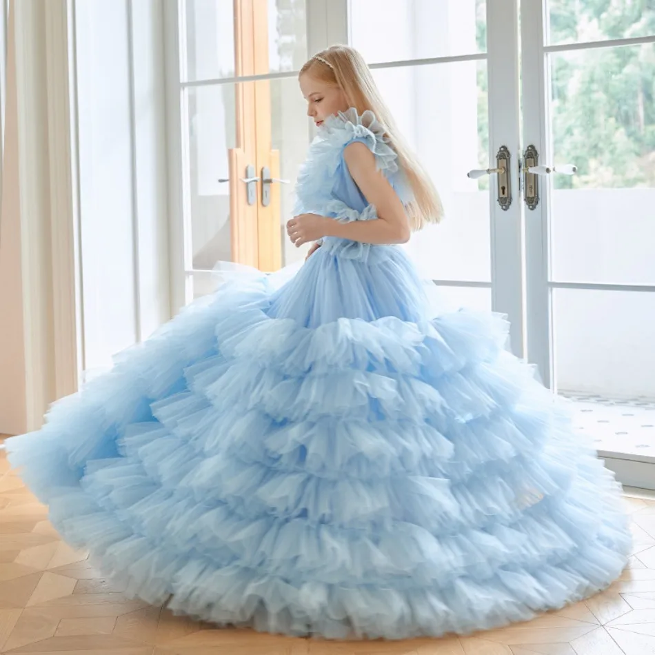 Amazing Cloud Tulle Ball Gown Wedding Girl Dress Extra Lush Tiered Tulle Blue Backless Photoshoot Pageant Party Kids Dresses
