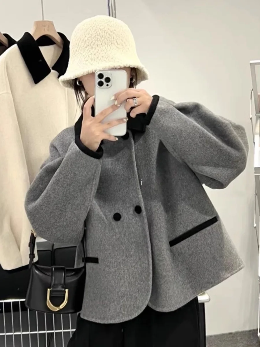 

Двусторонняя шерстяная весенняя куртка ROUJE KEFSS с цветовыми блоками, кашемировая верхняя одежда в элегантном стиле «Маленький аромат» для женщин