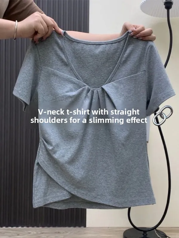 

plus Size Pure Cotton Grey V-Neck Short Sleeve T-Shirt Women Summer Slimming Asymmetrical Short Top Korean Style Commute