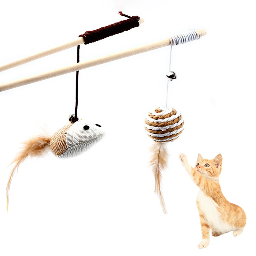 TJavier-Baguette en bois avec plumes pour chat, jouet coule pour chaton, ULtressée, rat avec cloche, nouveauté