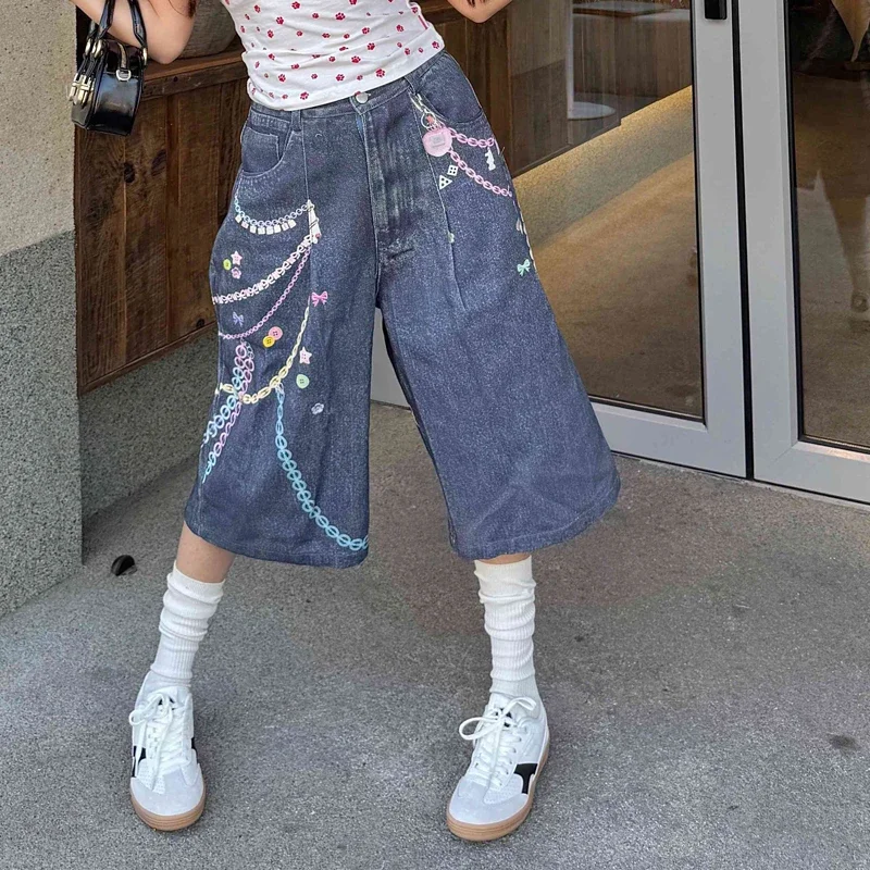 

Женская уличная одежда, винтажные джинсовые шорты Y2k с ярким принтом цепочки, мешковатые джинсы в американском стиле ретро с высокой талией, широкие короткие брюки