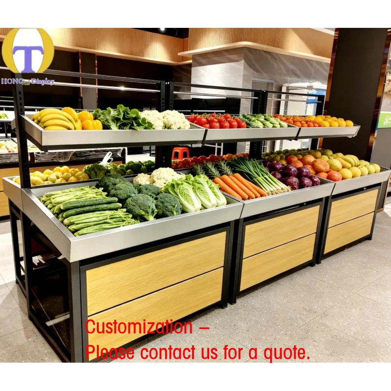 custom.Modern Heavy Duty Stainless Steel/Glass Supermarket Showcase Retail Shopping Mall Fruit Vegetable Display Adjus