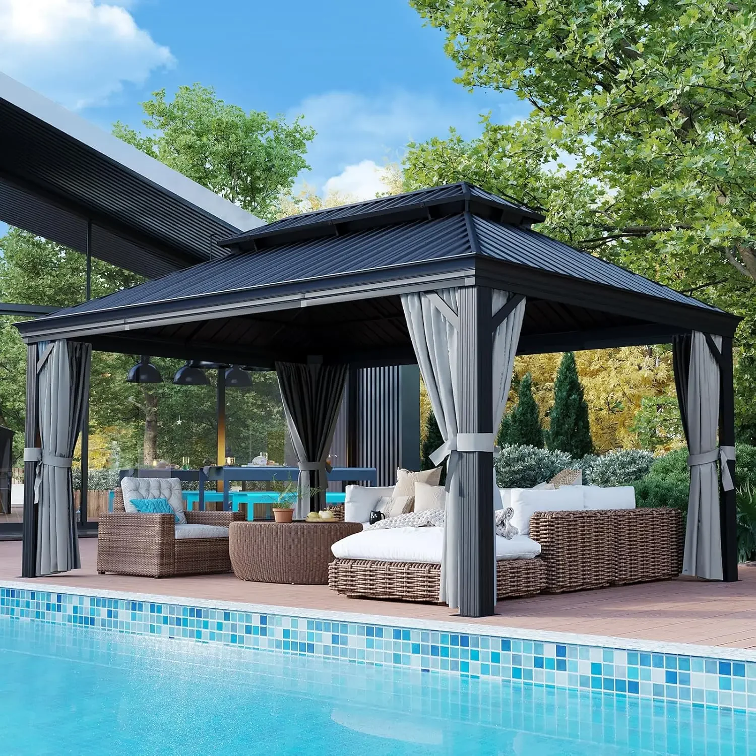 12' X 16' Permanent Hardtop Gazebo Aluminum Gazebo with Galvanized Steel Double Roof for Patio Lawn and Garden