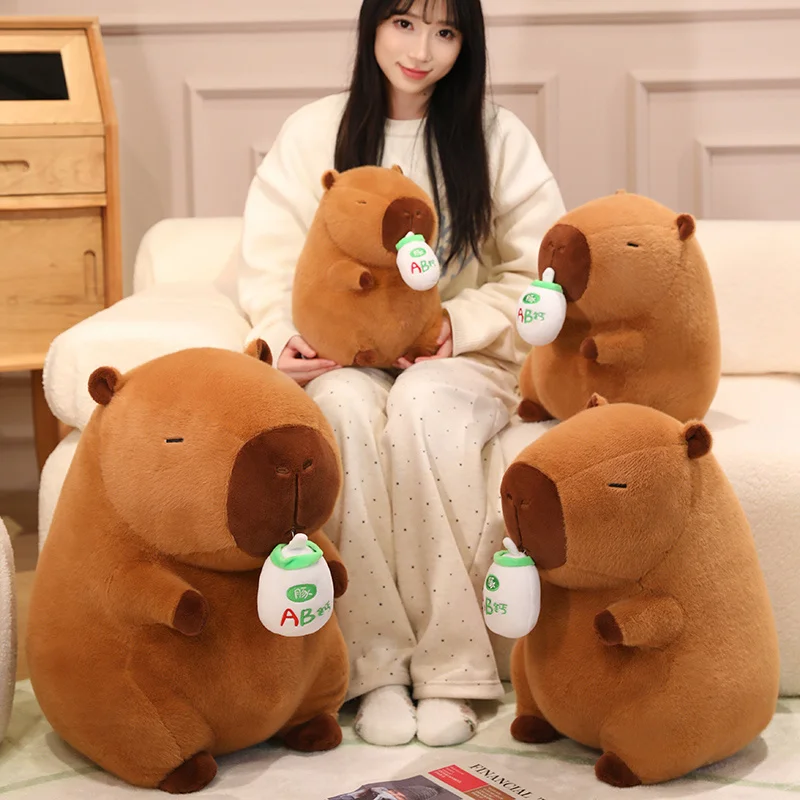 

30~50cm Drinking Capybara Doll Plush Toy Holding Milk Bottle Bib Dressed Cartoon Brown Fatty Animal Pillow Comforting Gift