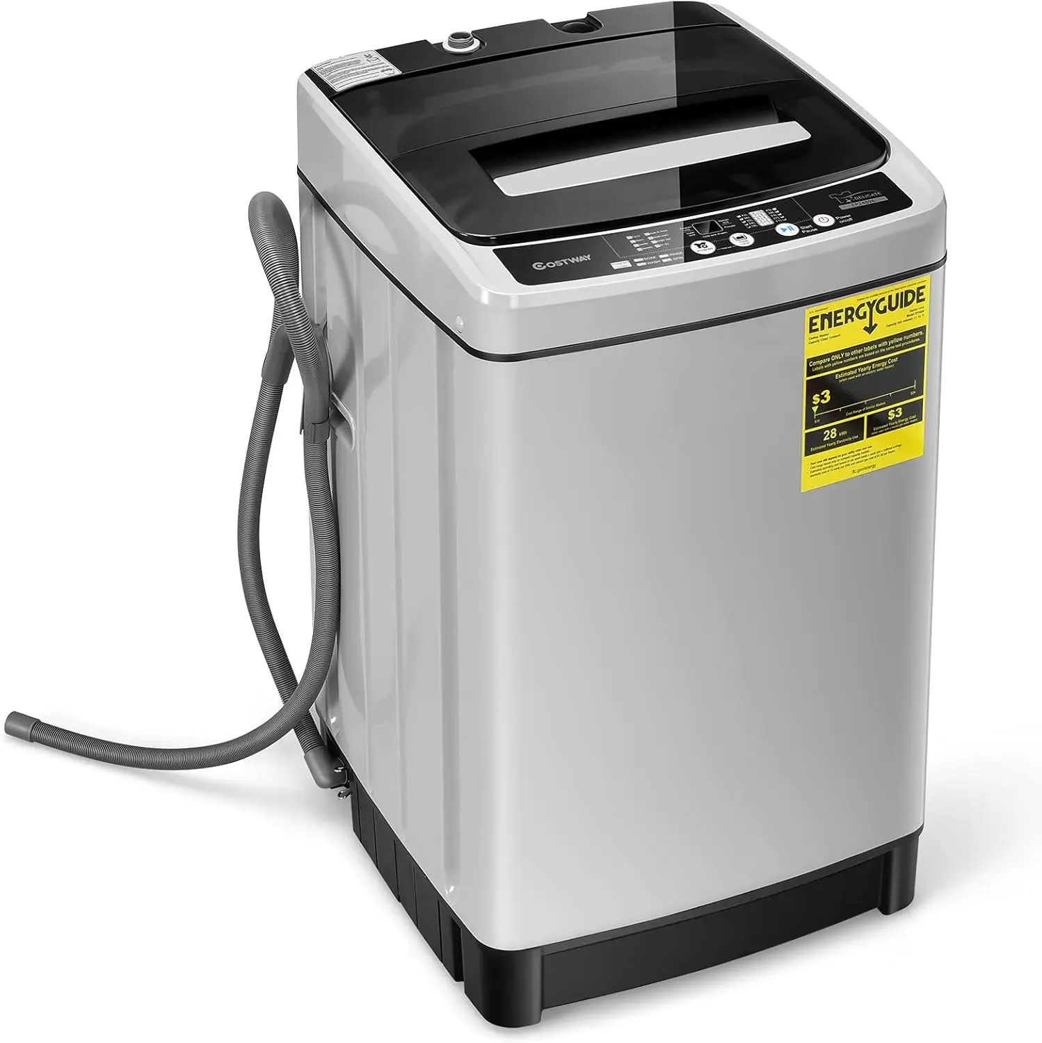 Draagbare wasmachine, volautomatische wasmachine met capaciteit en 8 wasprogramma's, LED-display, 10 waterniveaus