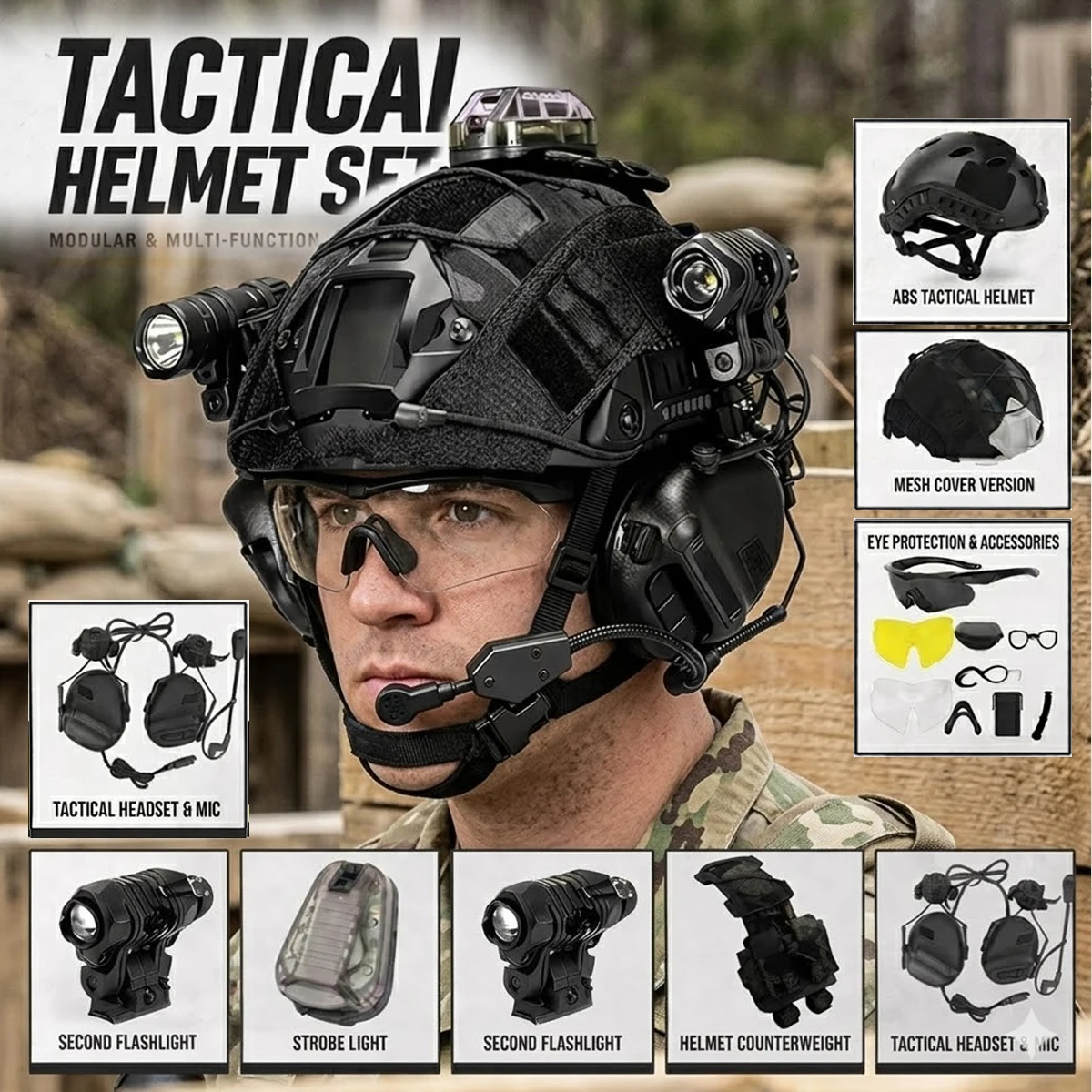 

8-in-1 Tactical Helmet Set with Headphones Flashlight Goggles Battery Pouch for Outdoors Hunting Airsoft Simulation Training