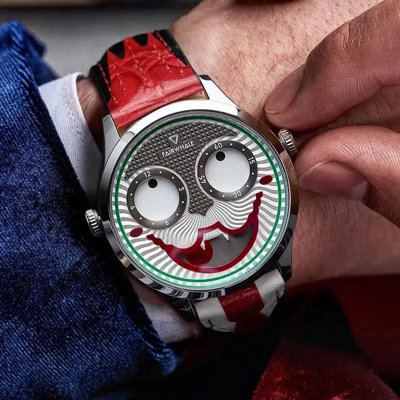 Moda rusya Joker kuvars saatler erkekler için rahat komik yuvarlak aydınlık erkek kol saati sıcak satış deri kayış gümüş montre