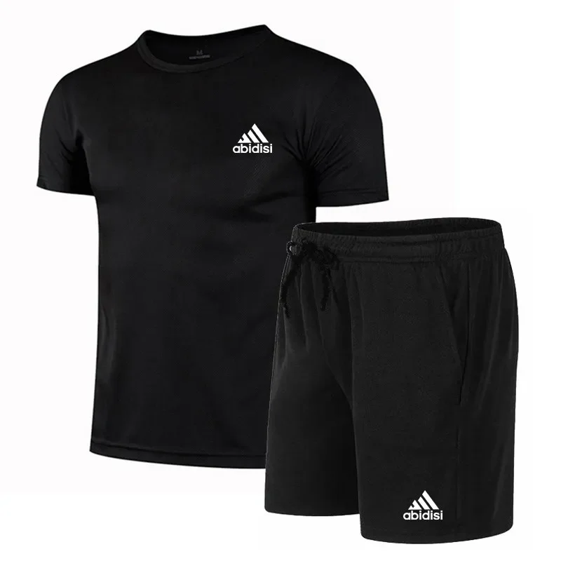 New 2025 Summer men's breathable T-shirt + quick-drying shorts 2-piece outdoor men's short-sleeved pullover sports casual suit