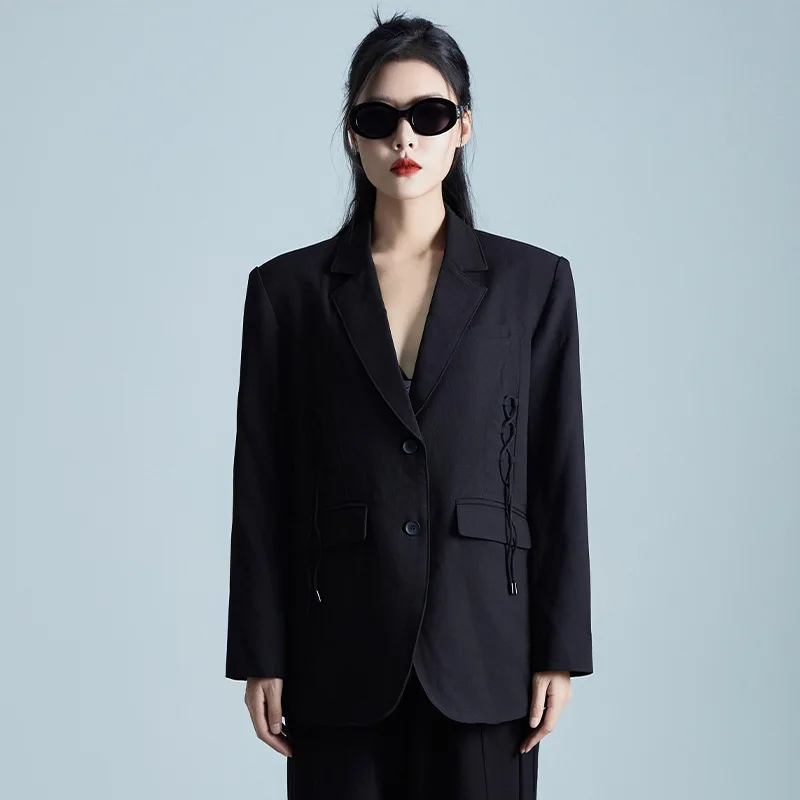 Comfy Soft Cotton Blazers Women 2024 Spring Fall Tailored Coat Black Office Lady Business Jacket Loose Fit Ribbons Split Hem