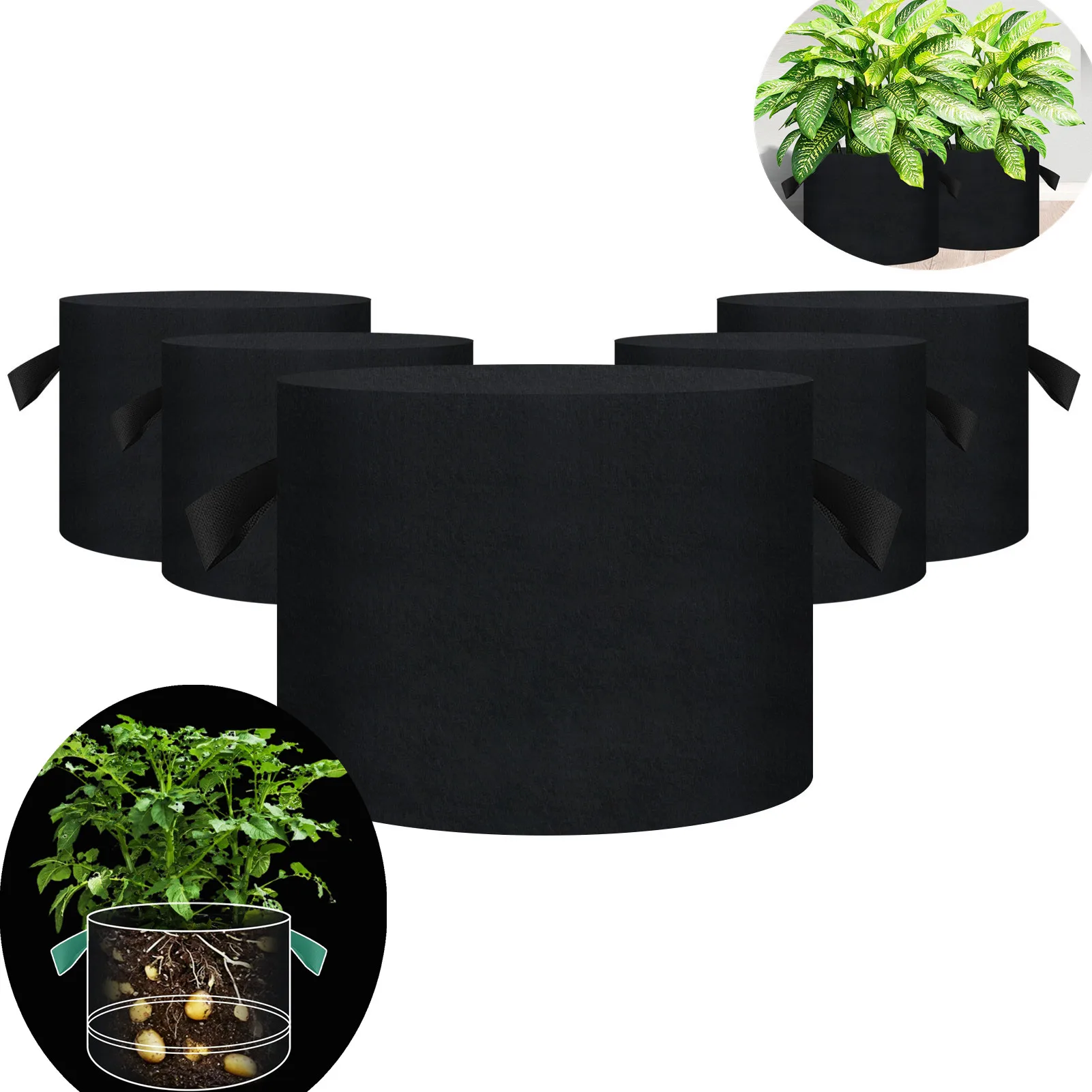 5pcs Pack 5 Gallon Grow Bags Non-Woven Felt Fabric Planter Garden Vegetable Tomato Potato Flower Plant Plant Pot with Handles