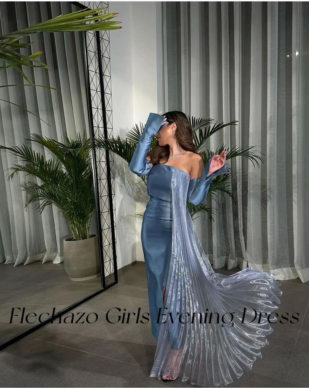 Flechazo Blue Evening Dresses Off Shoulder Shiny Tulle Ruched Formal Party Dress For Women 2024 vestidos para eventos especiales