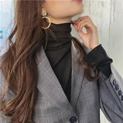 High Neck Sheer Mesh Long Sleeve Top Women Clothing Turtleneck T-shirt Korean Sexy See Through Solid Shirt New